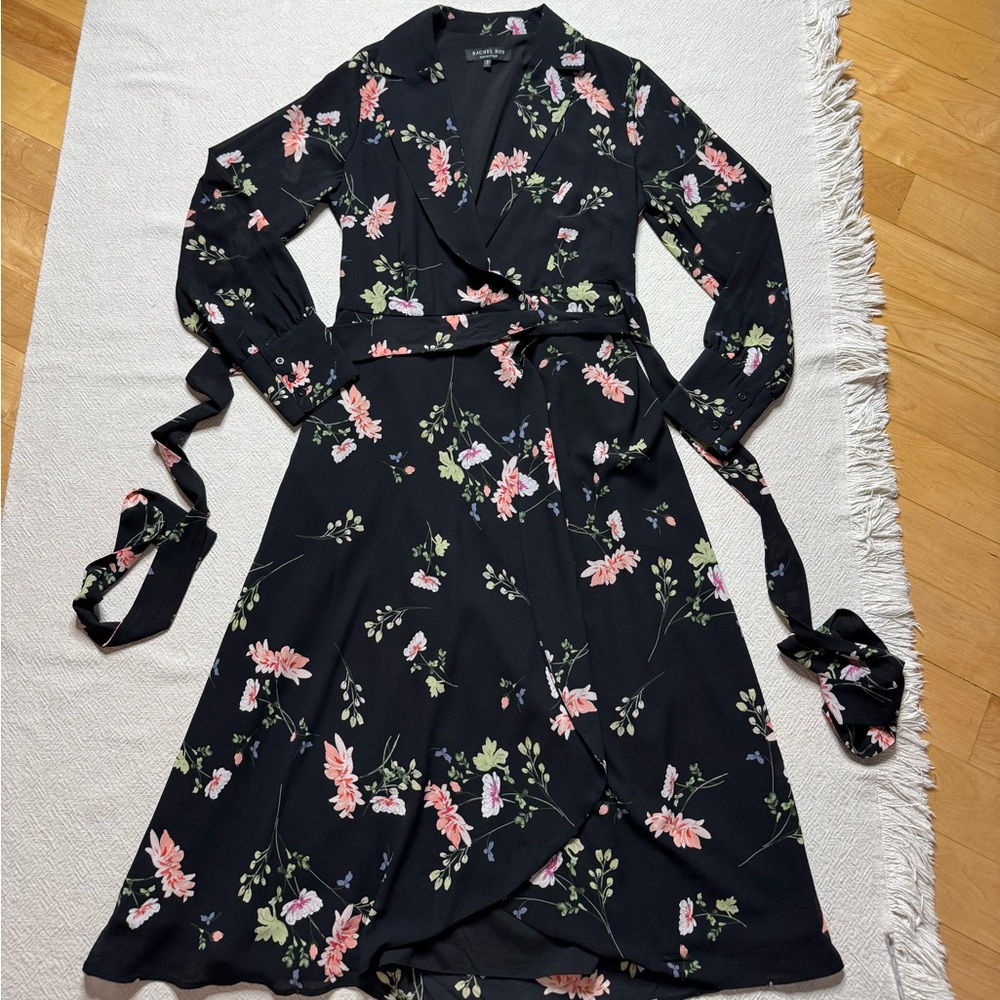 Rachel Roy Dark Floral Chiffon Cascade Ruffle Wrap Dress 8 - Picture 2 of 9